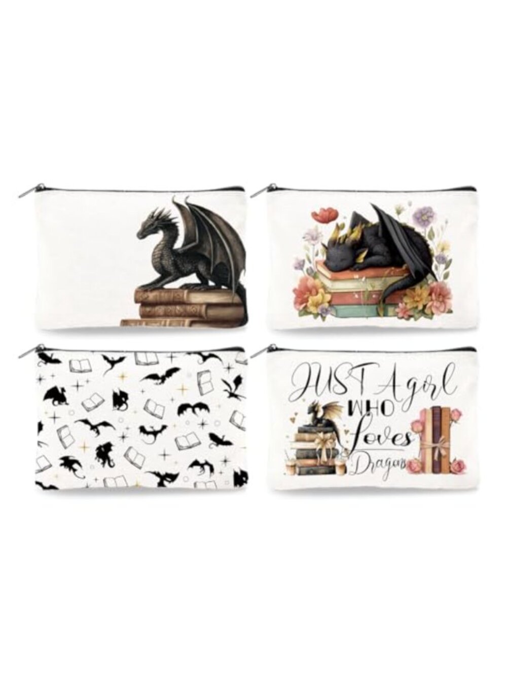 4Pc Canvas Dragon Book Makeup Bag Set Zipper Travel Toiletry Organizer